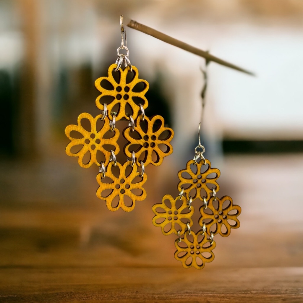 New In! Wood Laser Cut Flowers Dangle Style Hook Earrings Brand New Boho Indie